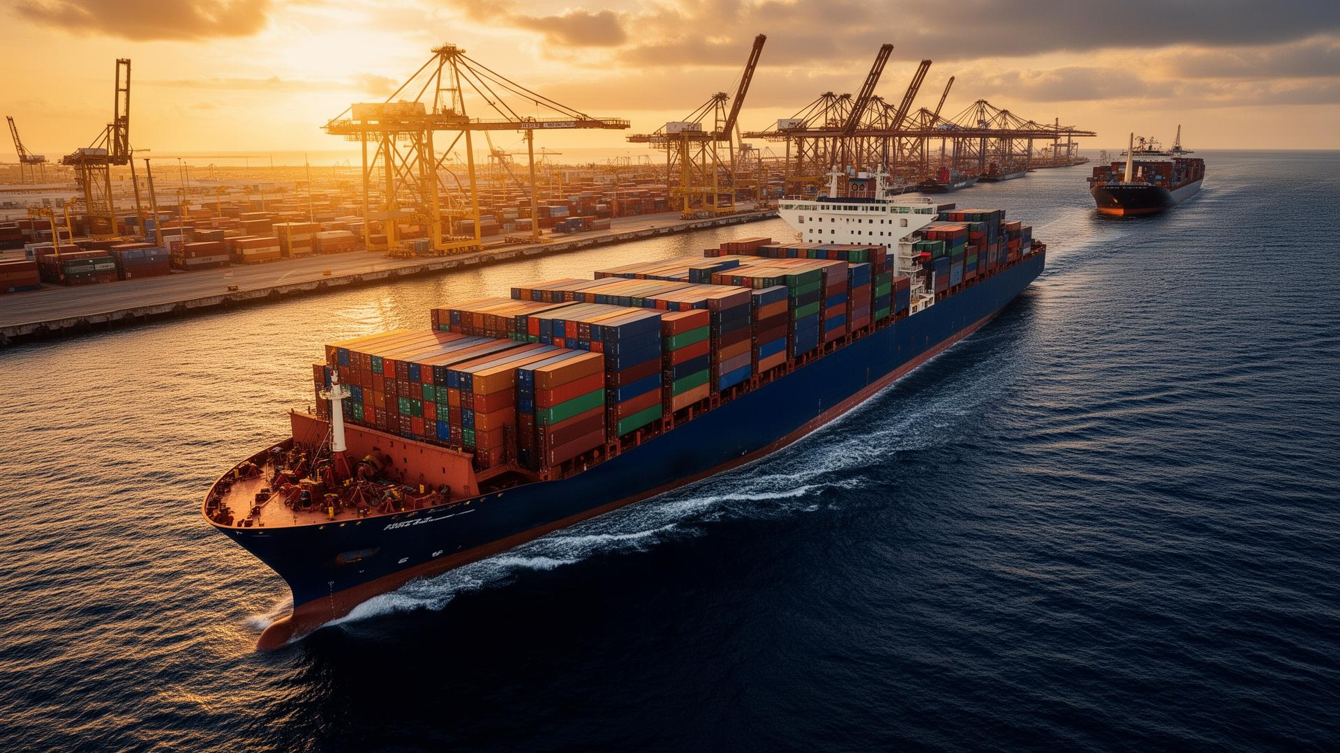 Container vessel at port at golden hour